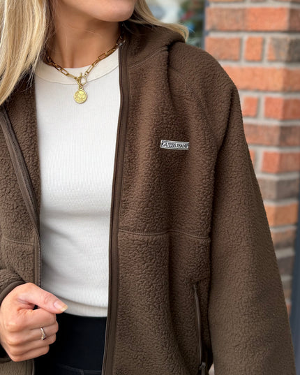 Guess Hooded Sherpa Jacket - Khaki Brown