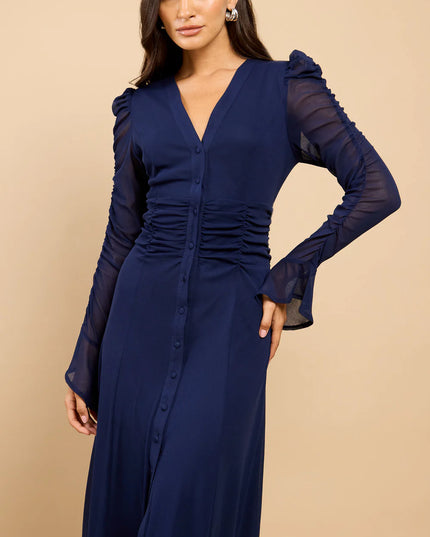 Juliette Mesh Button Down Midi Dress - Navy