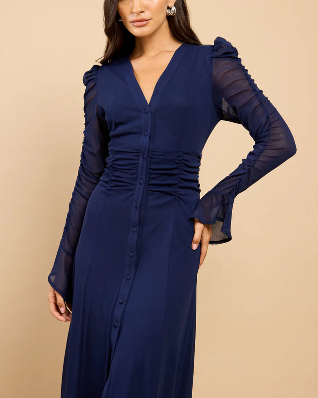 Juliette Mesh Button Down Midi Dress - Navy