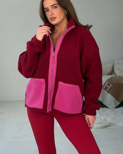 Mimi Contrast Pocket Full Zip Fleece - Wine