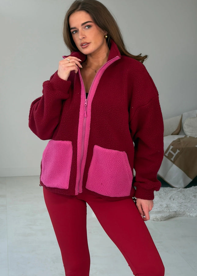 Mimi Contrast Pocket Full Zip Fleece - Wine