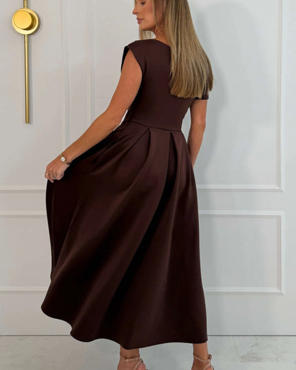 Betty Asymmetric Neckline Skater Midi - Brown