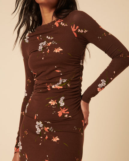 Laurella Jersey Draped Midi Dress - Brown Floral