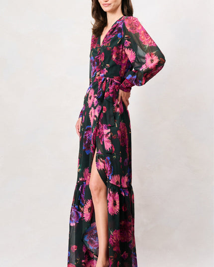 Carol Long Sleeve Wrap Dress - `Black Purple Multi