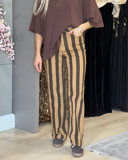 Striped Wide Leg Jeans -Brown/Beige