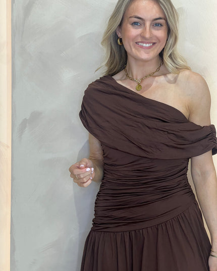 Asymmetric Drape Maxi Dress - Brown