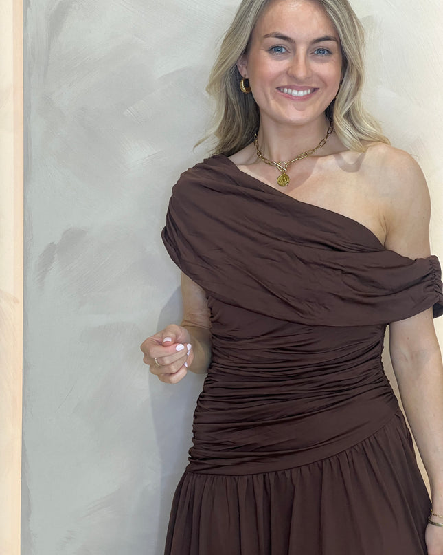 Asymmetric Drape Maxi Dress - Brown