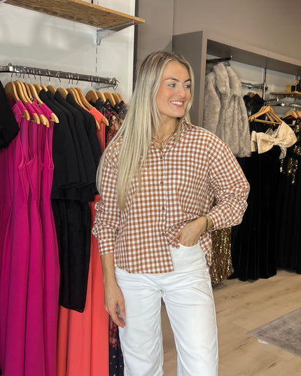 Gingham Scallop Back Shirt - Beige
