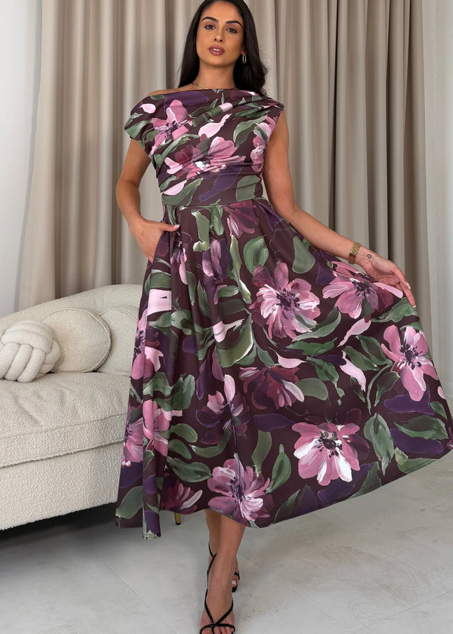 Betty Asymmetric Midi Dress - Berry Floral
