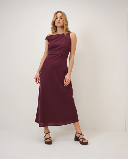 Kalani Linen-Blend Midi Dress - Plum Spoilt Belle Boutique Kalani Linen-Blend Midi Dress - Plum Spoilt Belle Boutique