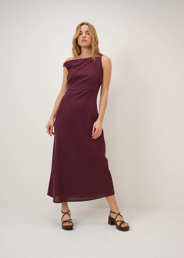 Kalani Linen-Blend Midi Dress - Plum