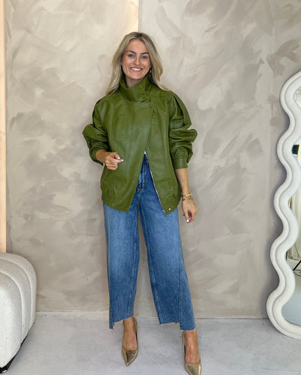 Oversized Faux Leather Bomber - Green