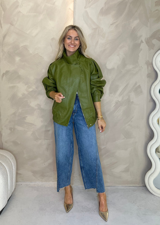 Oversized Faux Leather Bomber - Green