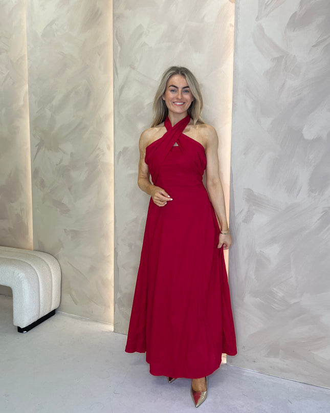 Linen Blend Tie Halter Dress - Cherry