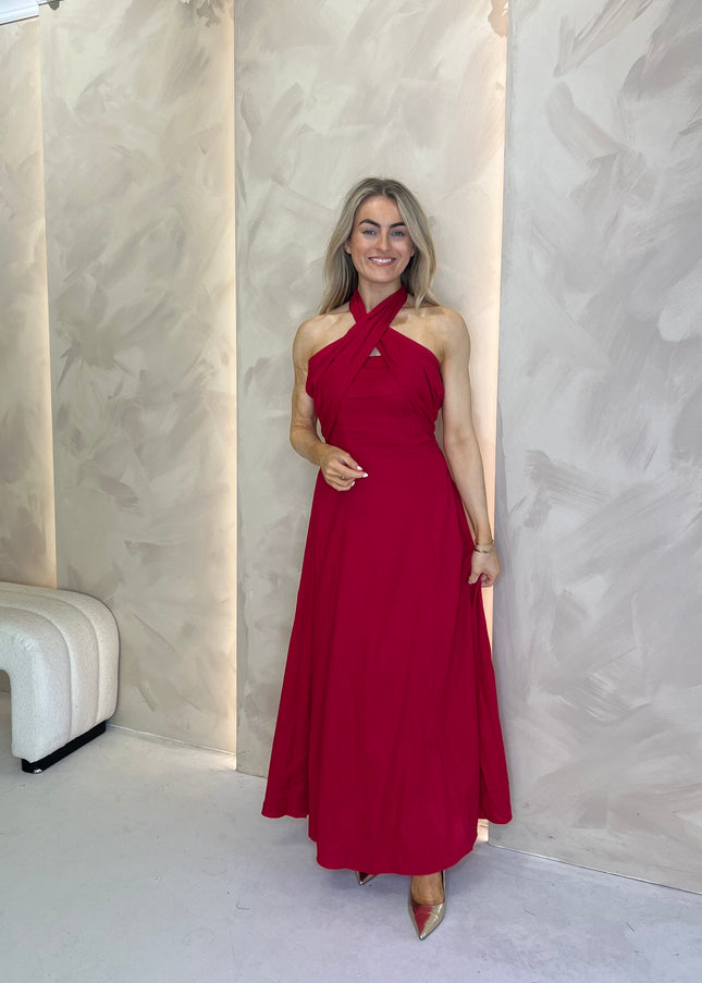 Linen Blend Tie Halter Dress - Cherry
