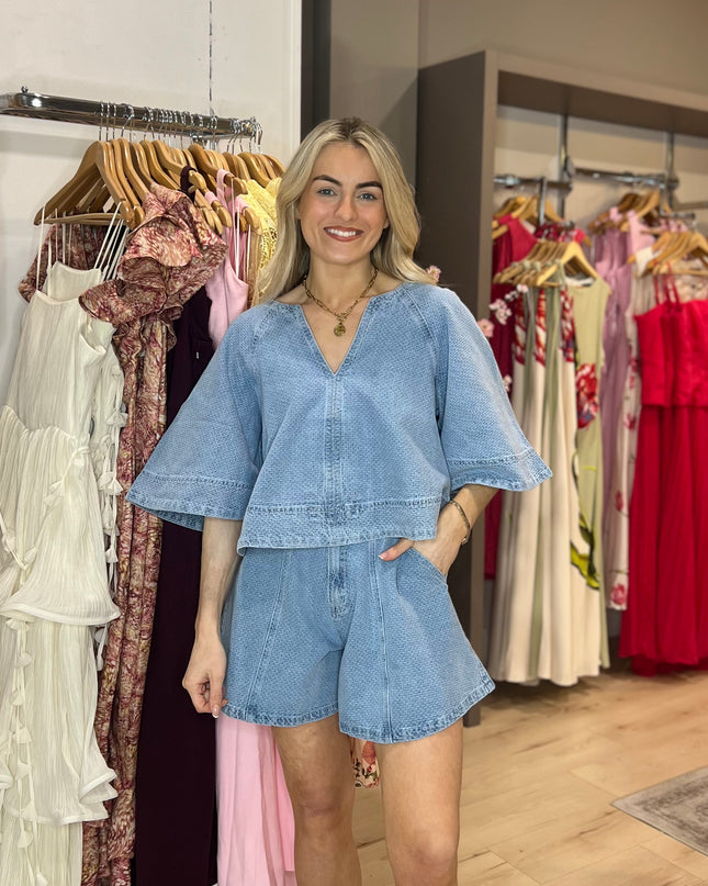 Citrine Textured Denim Blouse - Blue