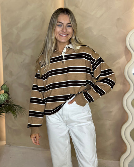 Knit Rugby Top - Camel and Coffee