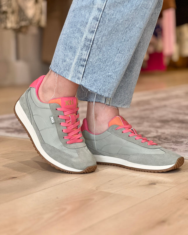 Mixed Textile Sneaker - Khaki/Pink