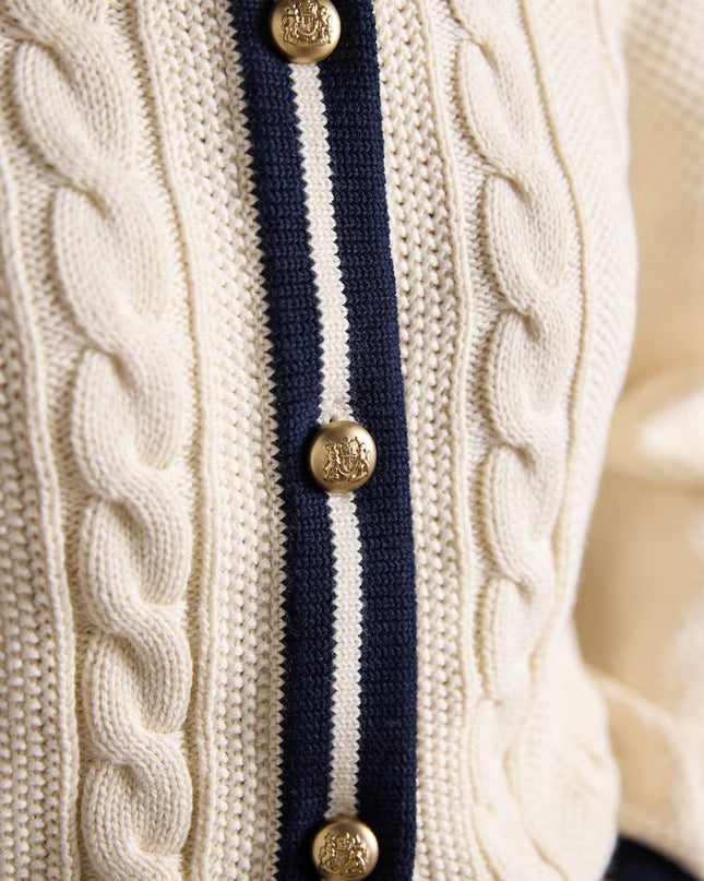 Crew Neck Cable Knit Cardigan - Cream/Navy