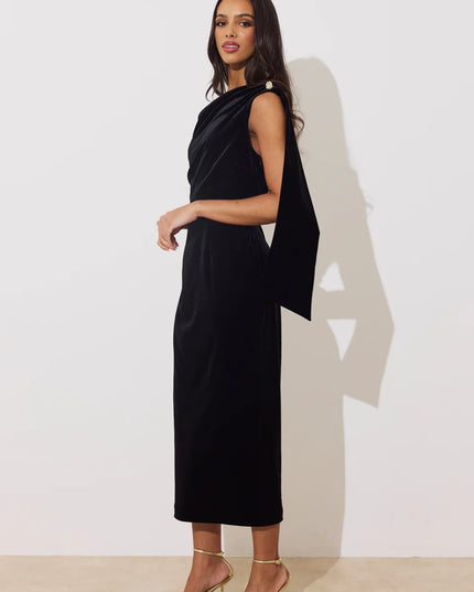 Eleni Drape Midi Dress - Black Velvet
