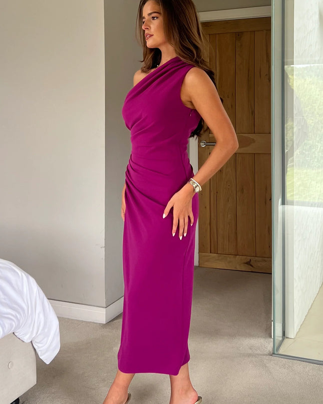 Donna Asymmetric Neckline Midi Dress Dark Fuchsia