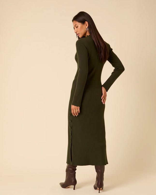 Knitted Long Sleeve Midi Dress - Dark Green