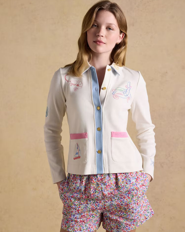 Ribbed Embroidered Jersey Cardigan - Cream
