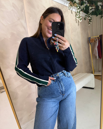 Ribbed Full Zip Knit - Navy/Green