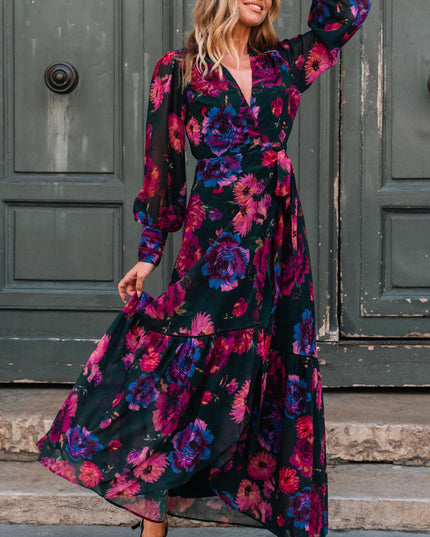 Carol Long Sleeve Wrap Dress - `Black Purple Multi
