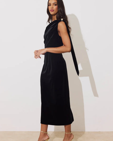 Eleni Drape Midi Dress - Black Velvet