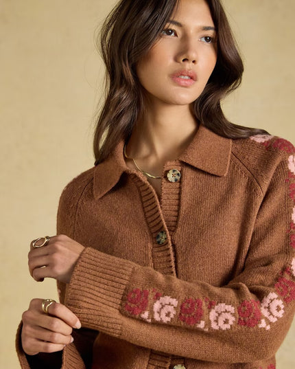Joules Embroidered Cowboy Tan Knitted Cardigan - Brown