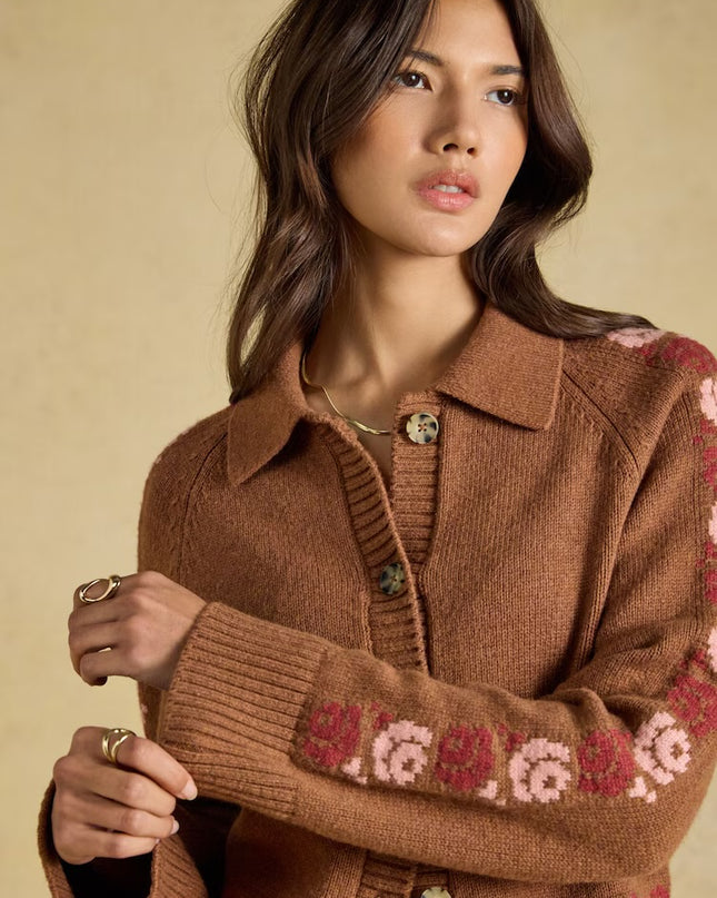 Joules Embroidered Cowboy Tan Knitted Cardigan - Brown