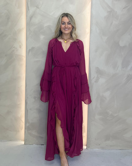 Ruffle Maxi Dress with Ruffle Sleeve - Plum