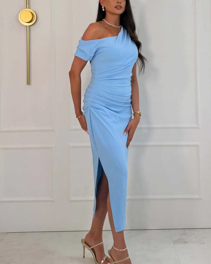 Donna Asymmetric Neckline Midi Dress - Sky 