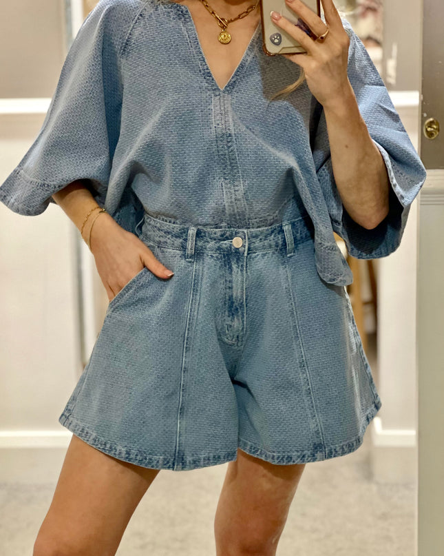 Khoi Textured Denim Short - Blue Wash