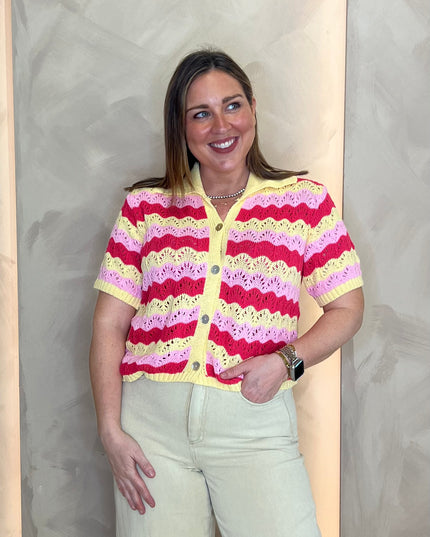 Short Sleeve Knit Cardigan - Yellow