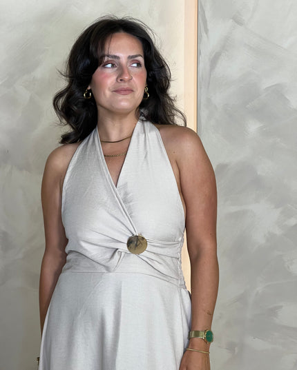 Halter Dress with Brooch Detail - Beige