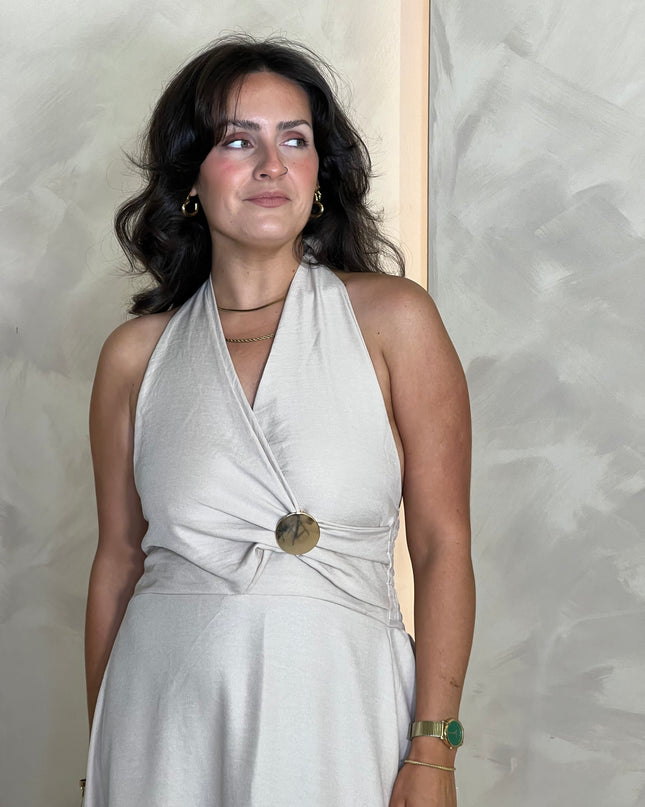Halter Dress with Brooch Detail - Beige