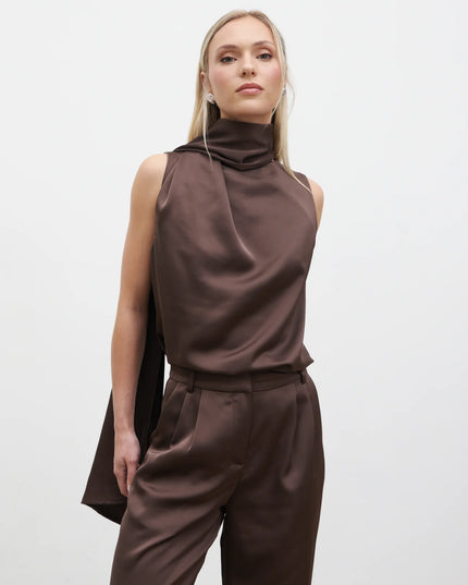 Breya Scarf Satin Top - Brown