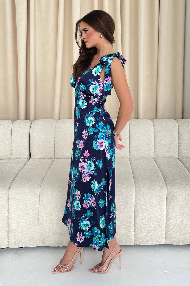 Beverly Tie Shoulder Midi Dress - Navy Floral