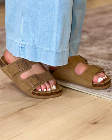 Double Buckle Suede Sandal - Camel