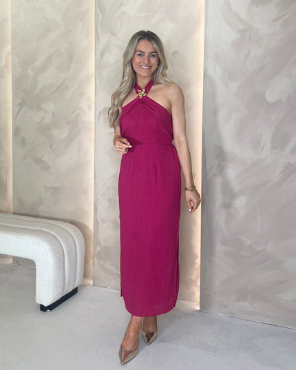 Halter Midi Dress with Brooch - Plum