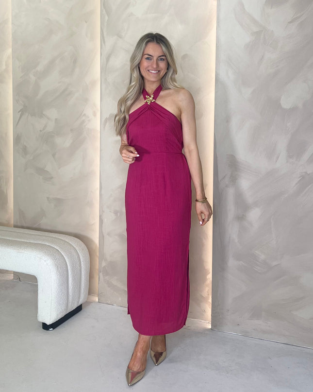 Halter Midi Dress with Brooch - Plum