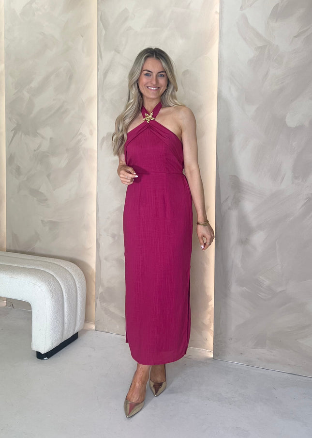 Halter Midi Dress with Brooch - Plum