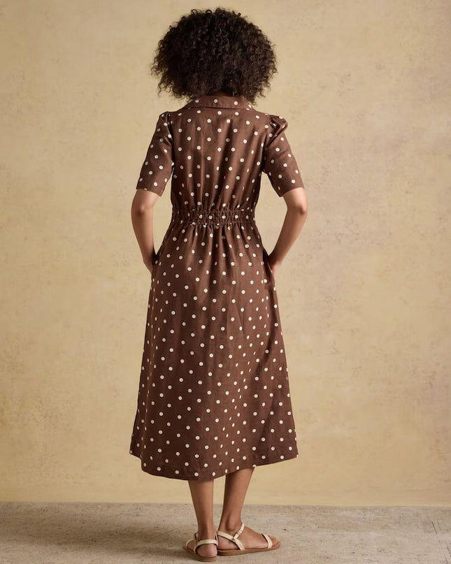 Marina Midi Linen Blend Dress - Brown Polka Dot