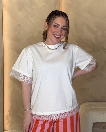 Asymmetric Lace Hem T-Shirt - White