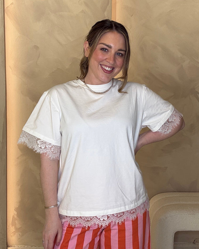 Asymmetric Lace Hem T-Shirt - White