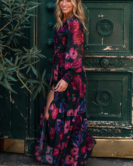 Carol Long Sleeve Wrap Dress - `Black Purple Multi