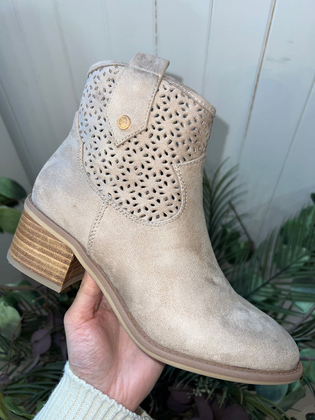 Suede Western Ankle Boot- Beige