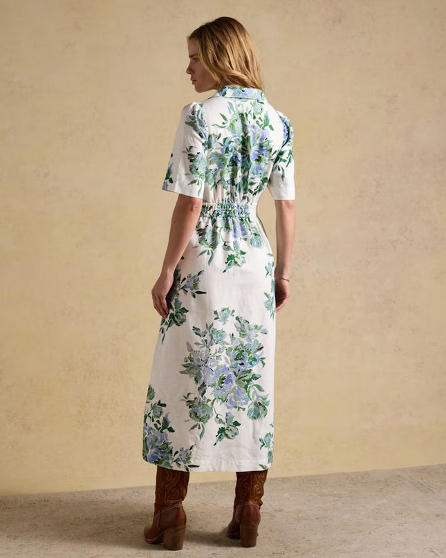 Marina Floral Midi Linen Blend Dress - White/Blue